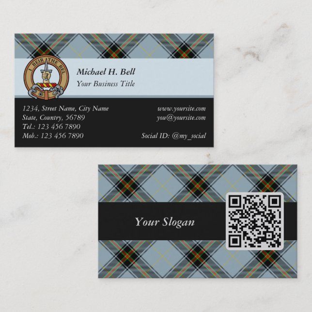 Clan Bell Crest over Tartan Business Card (Front/Back)