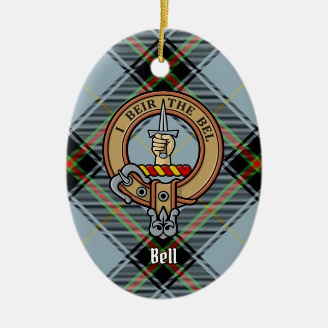 Clan Bell Crest over Tartan Ceramic Ornament (Front)