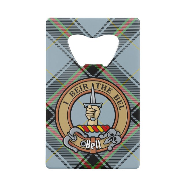 Clan Bell Crest over Tartan Credit Card Bottle Opener (Front)