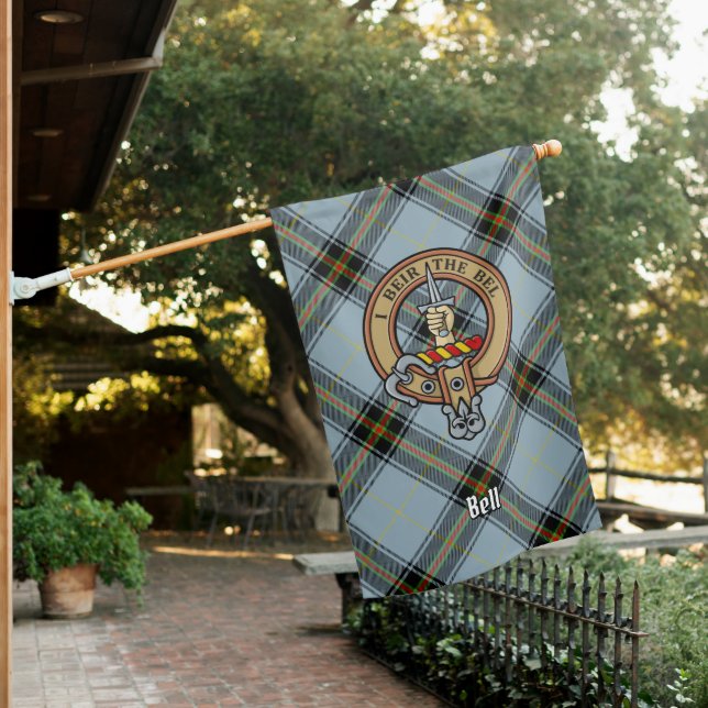 Clan Bell Crest over Tartan House Flag (In SItu)