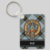Clan Bell Crest over Tartan Keychain