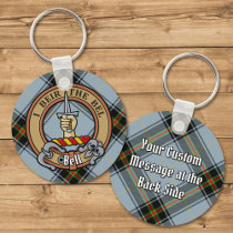 Clan Bell Crest over Tartan Keychain