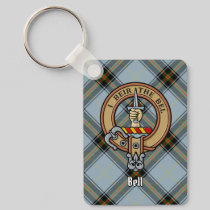 Clan Bell Crest over Tartan Keychain