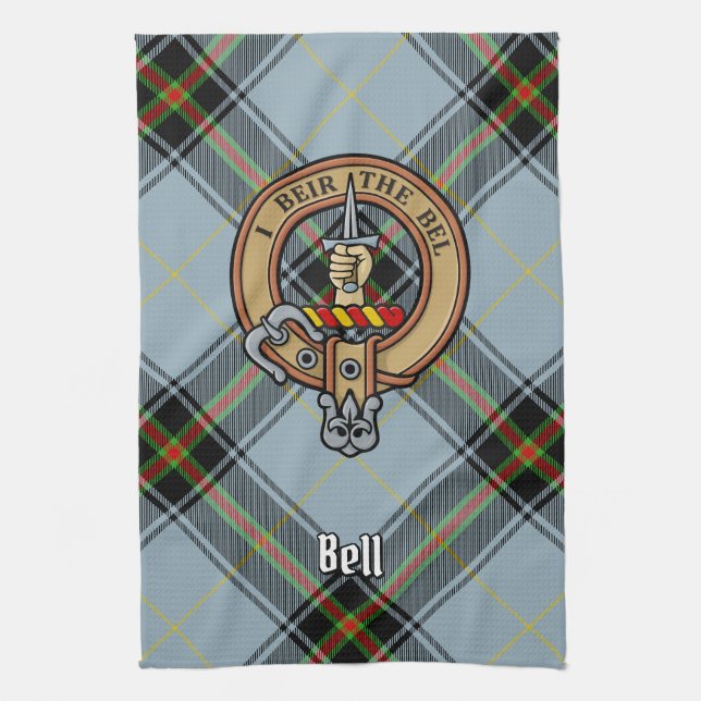 Clan Bell Crest over Tartan Kitchen Towel (Vertical)