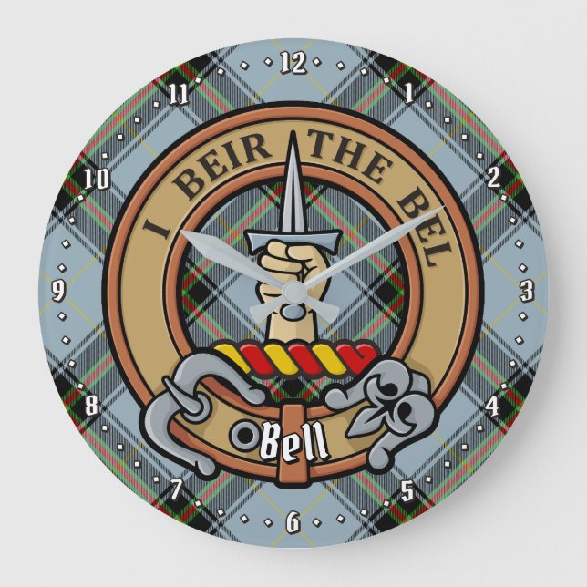Clan Bell Crest over Tartan Large Clock (Front)