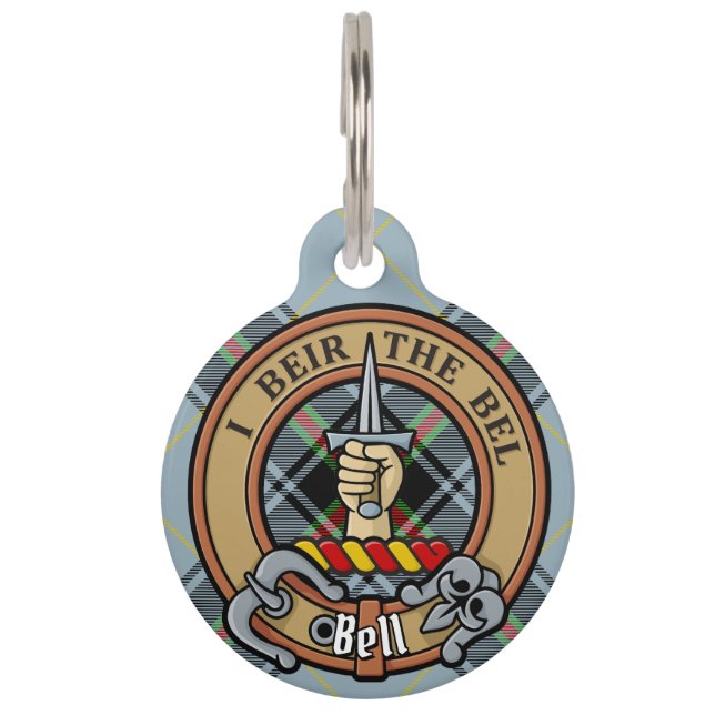 Clan Bell Crest over Tartan Pet ID Tag (Front)