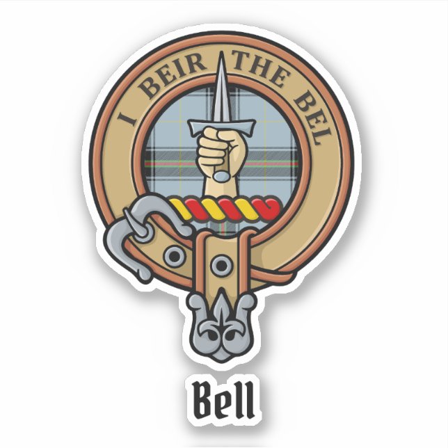 Clan Bell Crest over Tartan Sticker (Front)