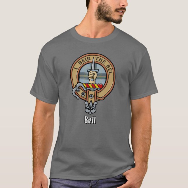 Clan Bell Crest over Tartan T-Shirt (Front)