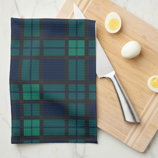 Clan Black Watch Plaid Blue Green Check Tartan Kitchen Towel (Quarter Fold)
