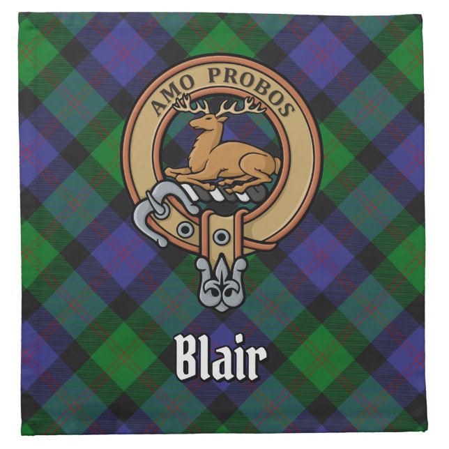 Clan Blair Crest over Tartan Cloth Napkin (Front)