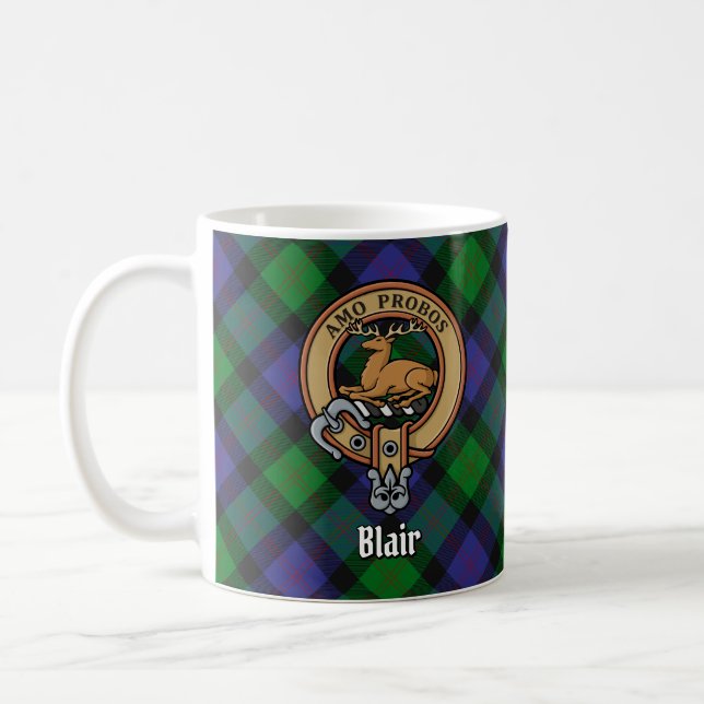 Clan Blair Crest over Tartan Coffee Mug (Left)