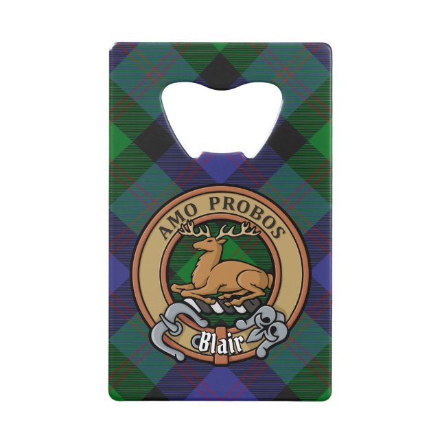 Clan Blair Crest over Tartan Credit Card Bottle Opener (Front)