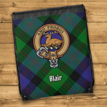 Clan Blair Crest over Tartan Drawstring Bag