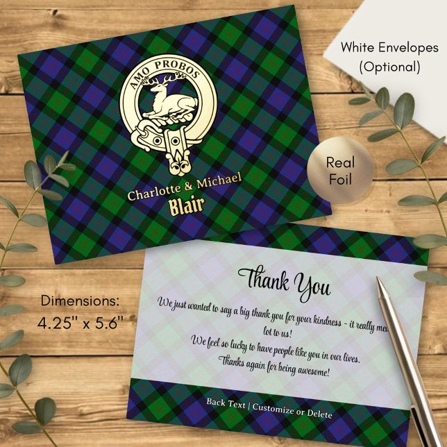 Clan Blair Crest over Tartan Foil Invitation Postcard (Creator Uploaded)