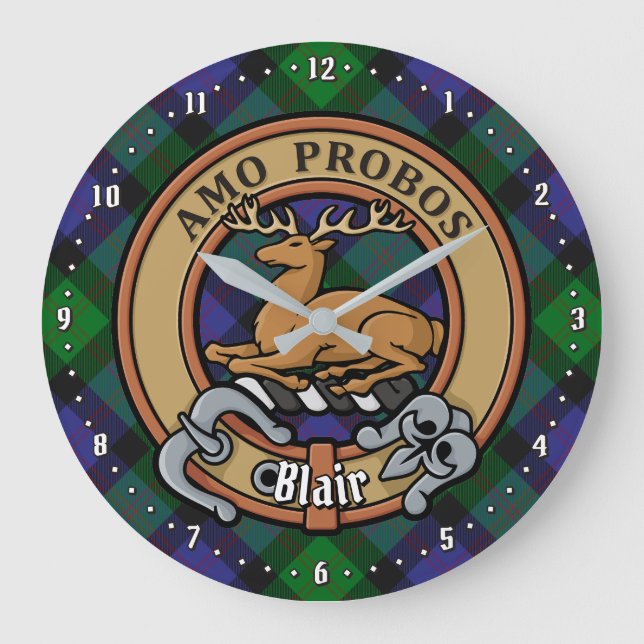 Clan Blair Crest over Tartan Large Clock (Front)