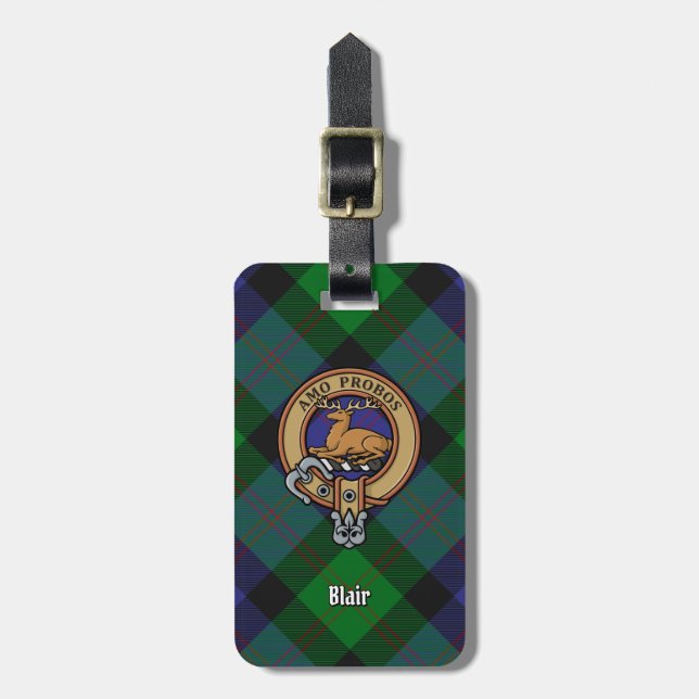 Clan Blair Crest over Tartan Luggage Tag (Front Vertical)