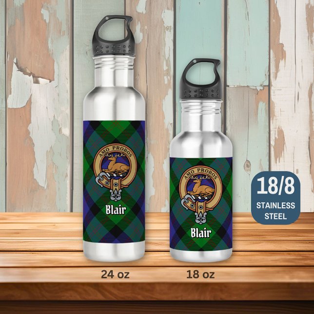 Clan Blair Crest over Tartan Stainless Steel Water Bottle (Creator Uploaded)