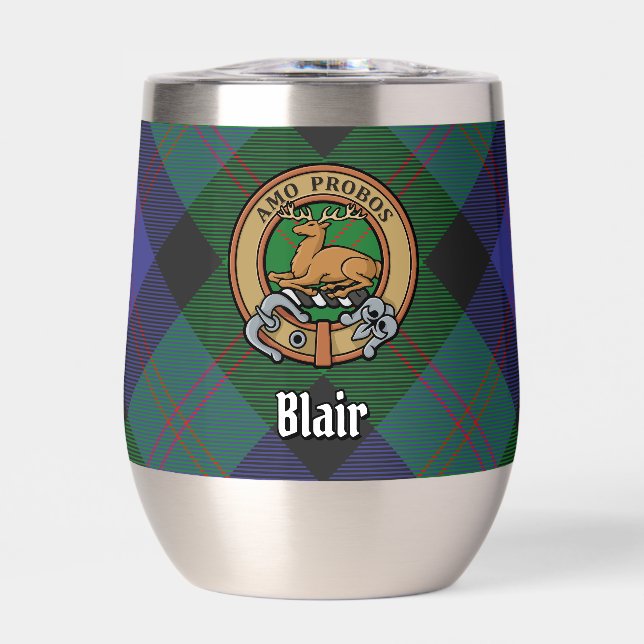 Clan Blair Crest over Tartan Thermal Wine Tumbler (Front)