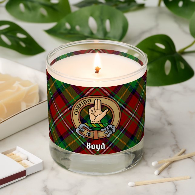 Clan Boyd Crest over Tartan Scented Candle (Lit)