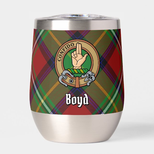 Clan Boyd Crest over Tartan Thermal Wine Tumbler (Front)