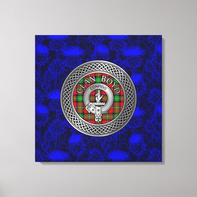 Clan Boyd Crest & Tartan Knot on Thistle Canvas Print (Front)