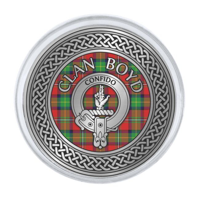 Clan Boyd Crest & Tartan Knot Silver Finish Lapel Pin (Front)