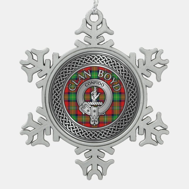 Clan Boyd Crest & Tartan Knot Snowflake Pewter Christmas Ornament (Front)