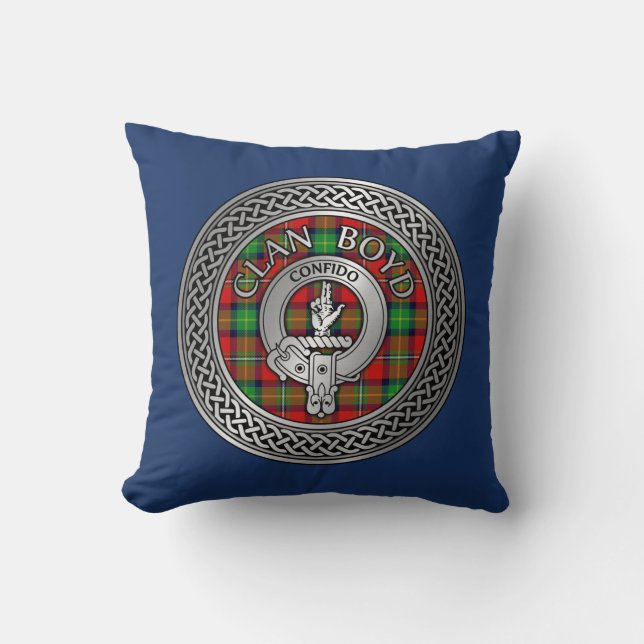 Clan Boyd Crest & Tartan Knot Throw Pillow (Front)