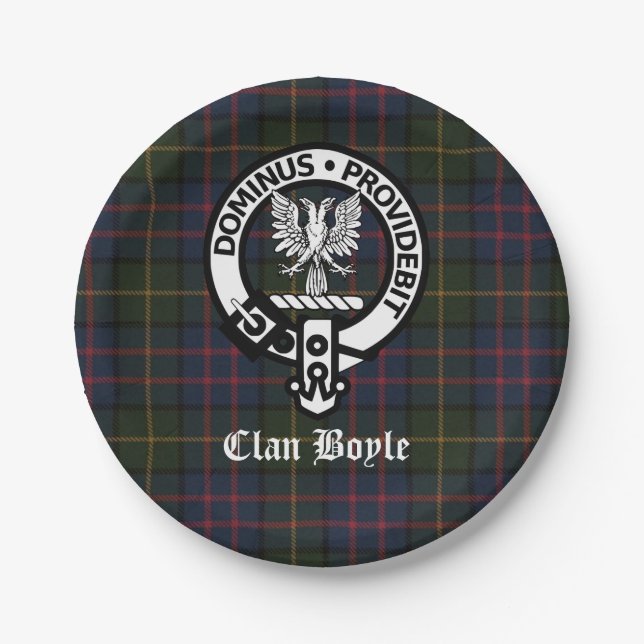 Clan Boyle Crest Badge and Tartan Paper Plates (Front)