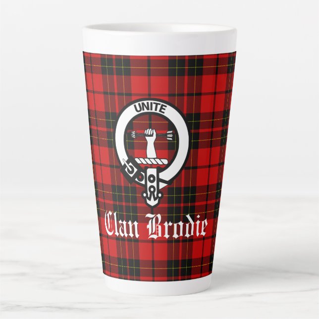 Clan Brodie Crest Badge and Tartan  Latte Mug (Front)