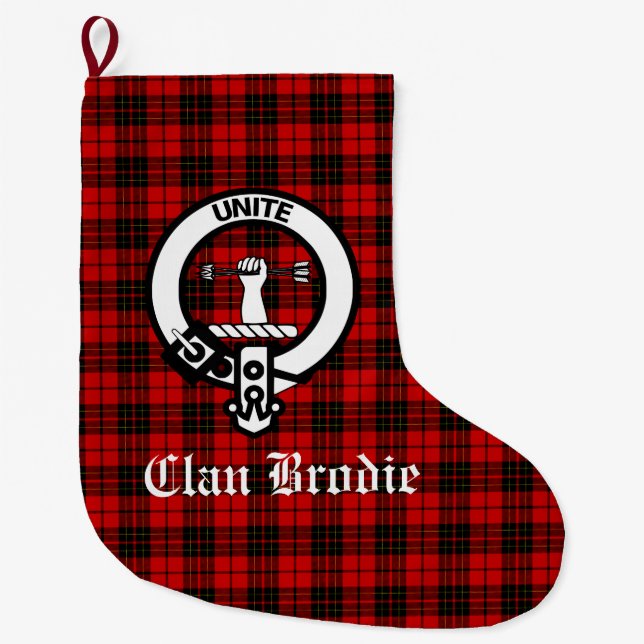 Clan Brodie Crest & Tartan Customizable Large Christmas Stocking (Front)