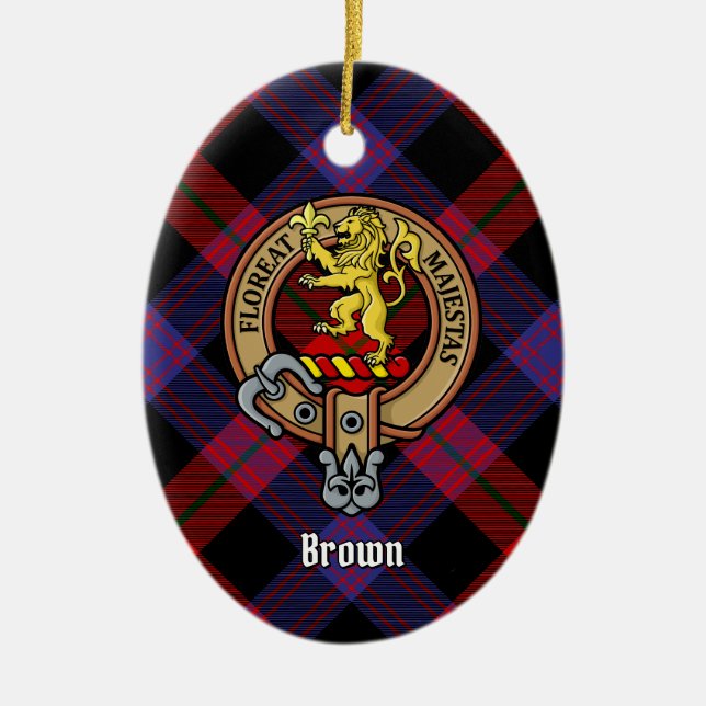 Clan Brown Crest over Tartan Ceramic Ornament (Front)