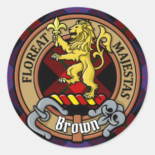 Clan Brown Crest over Tartan Classic Round Sticker