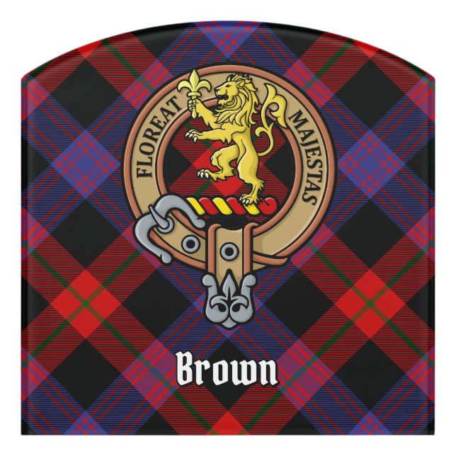 Clan Brown Crest over Tartan Door Sign (Contour Front)