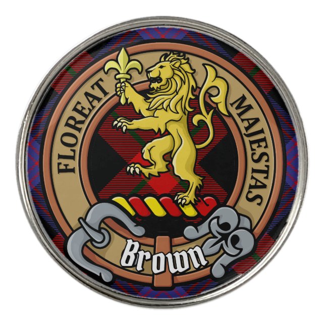 Clan Brown Crest over Tartan Golf Ball Marker (Front)