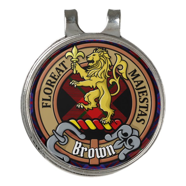 Clan Brown Crest over Tartan Golf Hat Clip (Front)