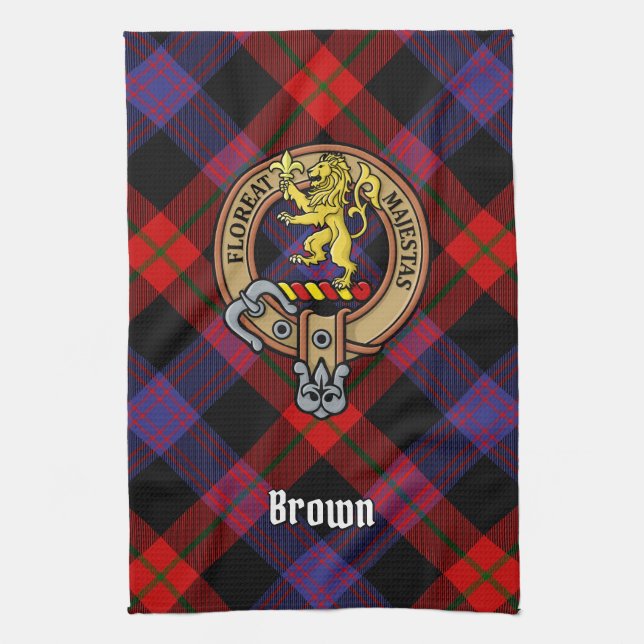 Clan Brown Crest over Tartan Kitchen Towel (Vertical)