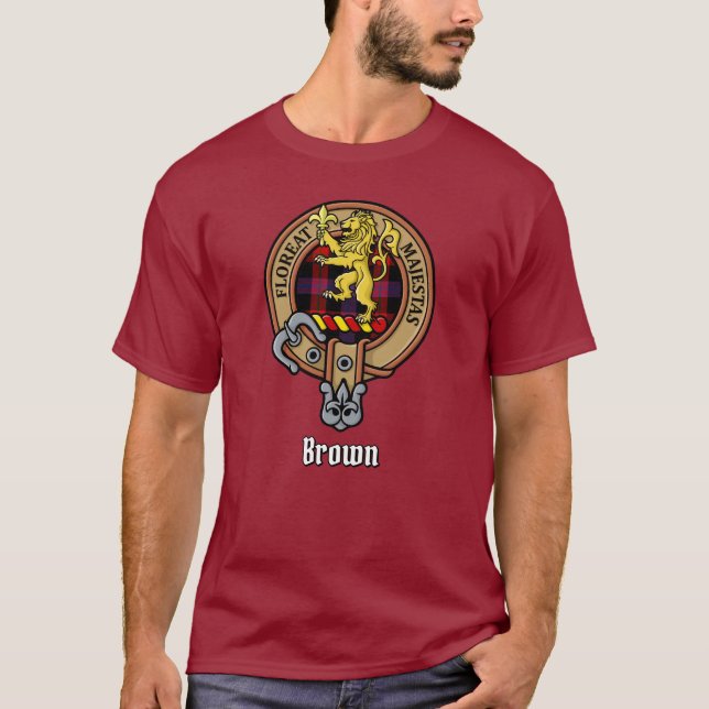 Clan Brown Crest over Tartan T-Shirt (Front)