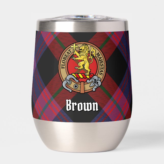 Clan Brown Crest over Tartan Thermal Wine Tumbler (Front)
