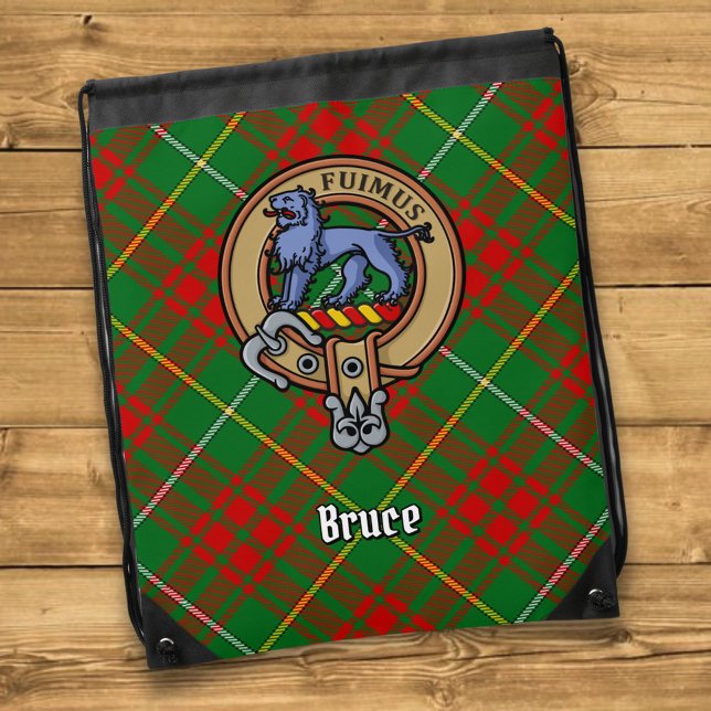 Clan Bruce Crest over Hunting Tartan Drawstring Bag (Creator Uploaded)