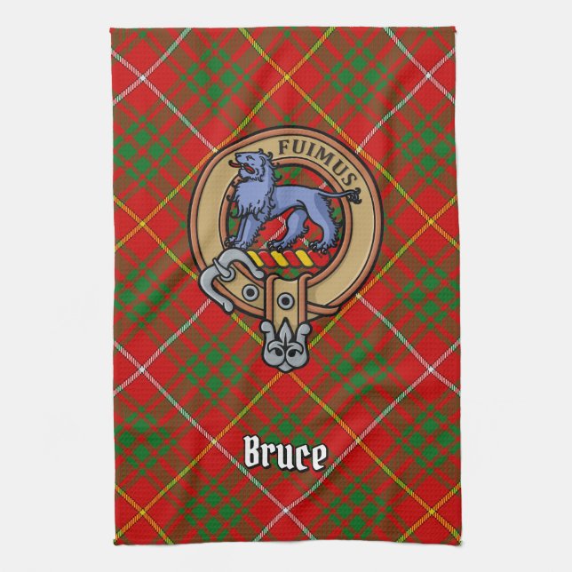 Clan Bruce Crest over Tartan Kitchen Towel (Vertical)