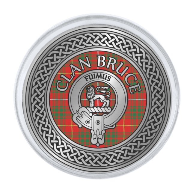 Clan Bruce Crest & Tartan Knot Silver Finish Lapel Pin (Front)