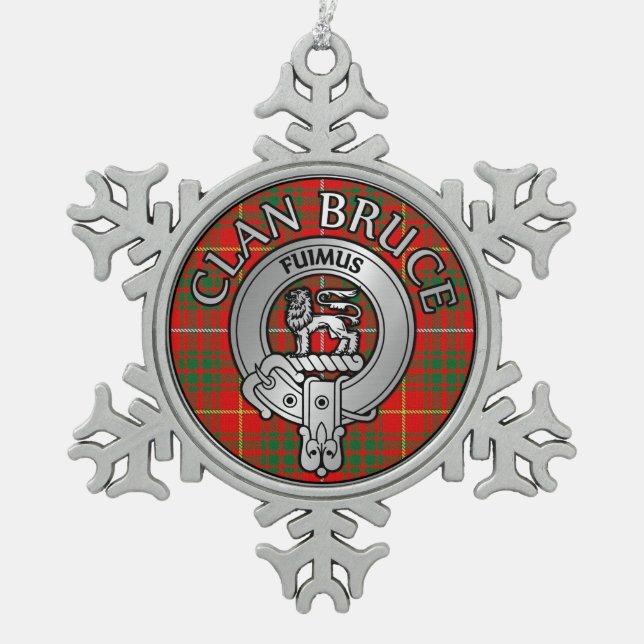 Clan Bruce Crest & Tartan Snowflake Pewter Christmas Ornament (Front)