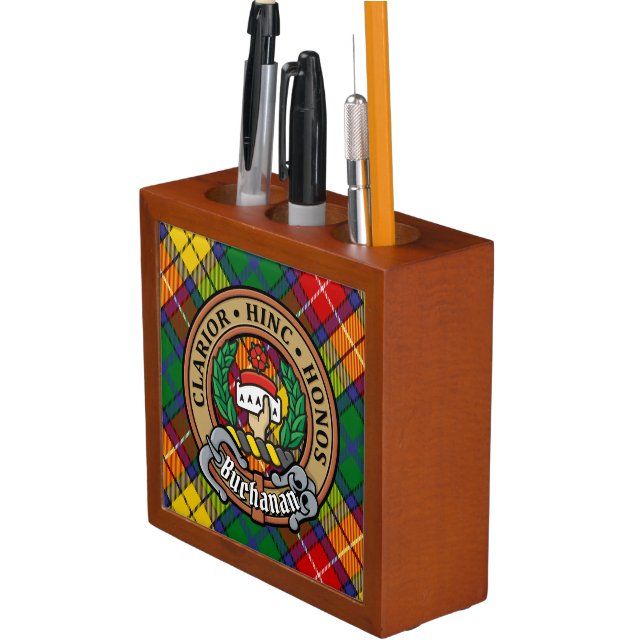 Clan Buchanan Crest over Tartan Desk Organizer (In Situ)