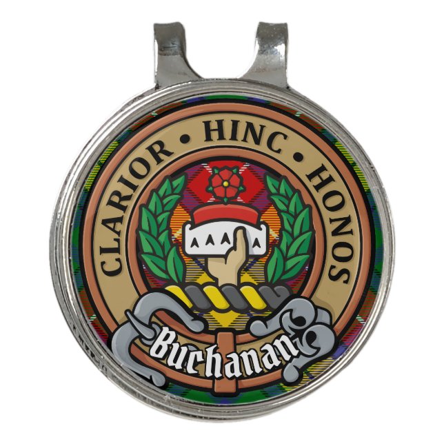 Clan Buchanan Crest over Tartan Golf Hat Clip (Front)