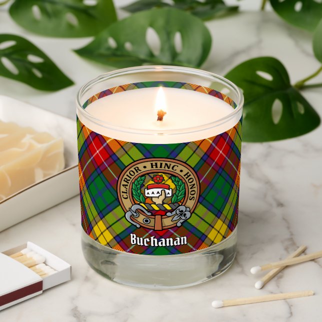 Clan Buchanan Crest over Tartan Scented Candle (Lit)