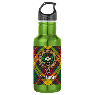Clan Buchanan Crest over Tartan Stainless Steel Water Bottle