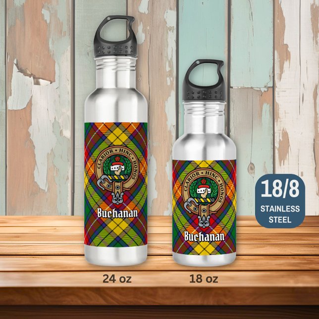 Clan Buchanan Crest over Tartan Stainless Steel Water Bottle (Creator Uploaded)