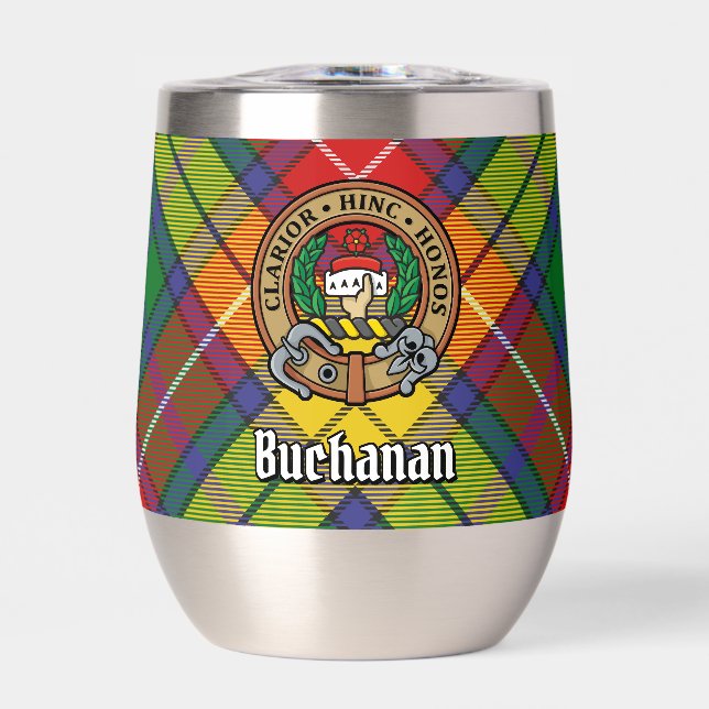 Clan Buchanan Crest over Tartan Thermal Wine Tumbler (Front)