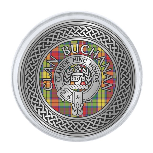 Clan Buchanan Crest & Tartan Knot Silver Finish Lapel Pin (Front)